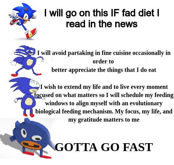 Sonic meme. There is a high quality sonic on top that says 'I will go on this IF fad diet I read in the news', a lower quality sonic beneath him that says 'I will avoid partaking in fine cuisine occasionally in order to better appreciate the things that I do eat', another lower quality one beneath him that says 'I wish to extend my life and to live every moment focused on what matters so I will schedule my feeding windows to align myself with an evolutionary biological feeding mechanism. My focus, my life, and my gratitude matters to me', and a low quality 3d sonic beneath the last one that says 'GOTTA GO FAST'